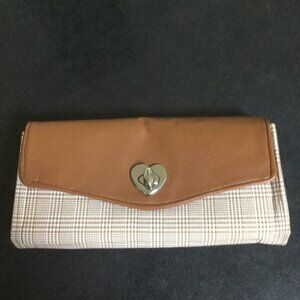 Handmade brown  plaid with faux leather heart shaped turn lock closure